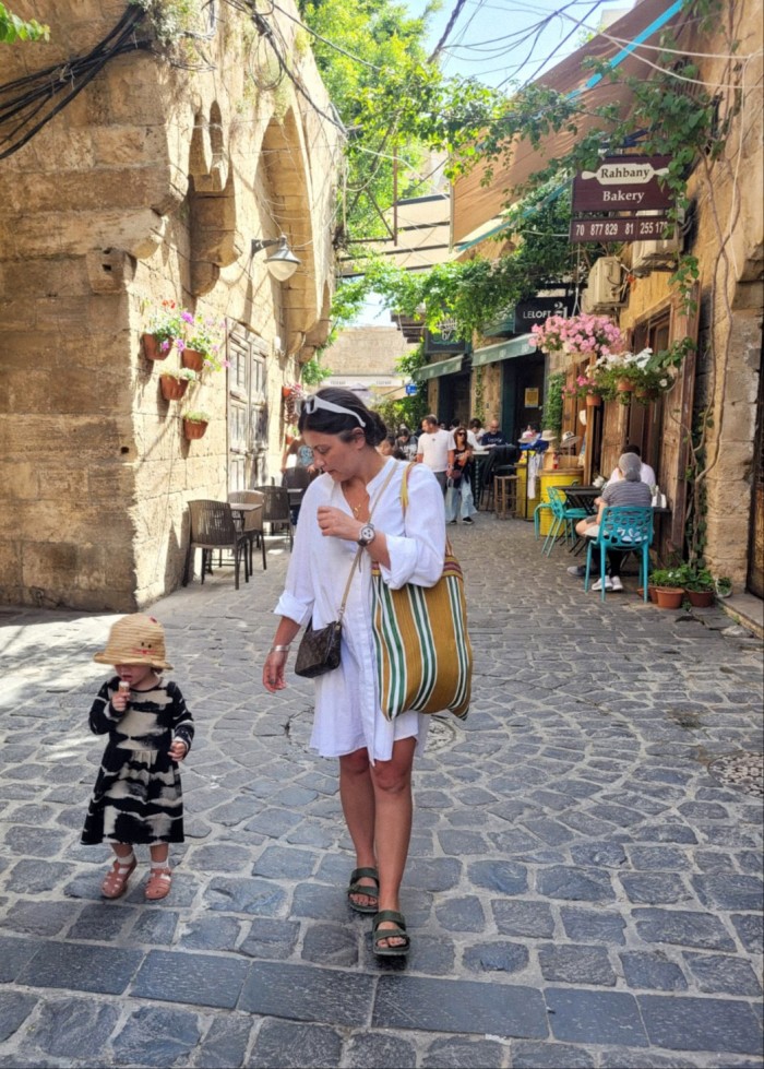 The author with her daughter in the cobbled streets of Batroun old town