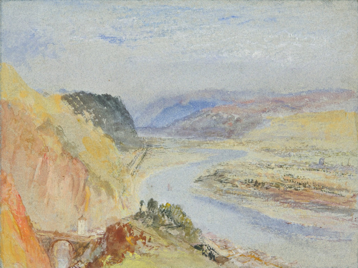 In a painting, a rural scene rendered in watercolours captures a river and a village as seen from above in warm tones of brown, green, yellow and blue.