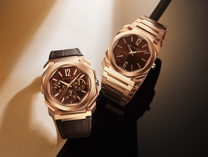 From left: Bulgari rose-gold Octo Finissimo Chronograph GMT, £33,800, and rose-gold Octo Finissimo Automatic, £41,200