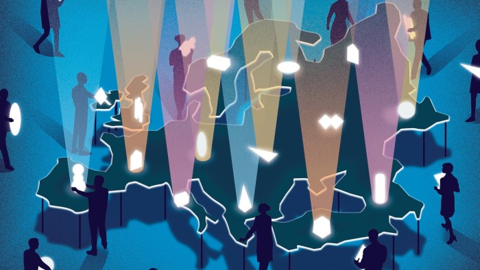 an illustration of men and women surrounding a map. Each person is holding a glowing white object. Tha map is dotted with glowiing white spots 