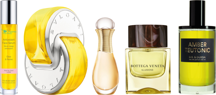 From left: The Organic Pharmacy antioxidant face serum, £85 for 35ml. Bulgari Parfums Omnia Golden Citrine, £69 for 65ml EDT. Dior J’Adore roller pearl, £41 for 20ml EDP. Bottega Veneta Illusione For Him, £54 for 50ml EDT, johnlewis.com. DS & Durga Amber Teutonic perfume, £220 for 100ml EDP, libertylondon.com