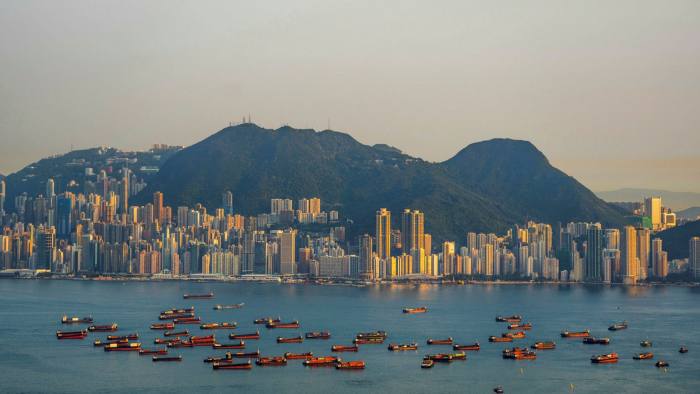 Barges moored at the Victoria Harbor in Hong Kong, China
