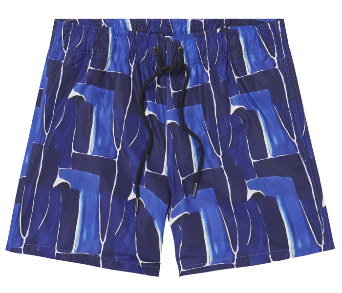 A pair of longish swim trunks with an abstract blue pattern
