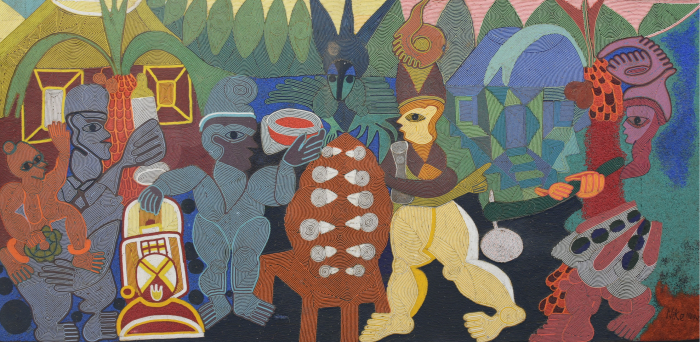 A bright landscape picture made of finely placed beads of figures in a park