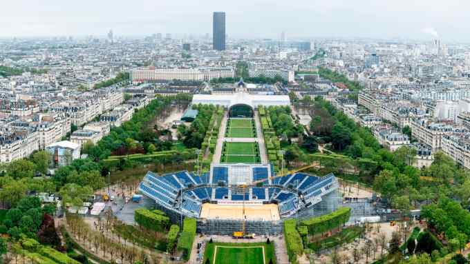 Construction site for a temporary site for the Paris Olympic Games on the Champ de Mars