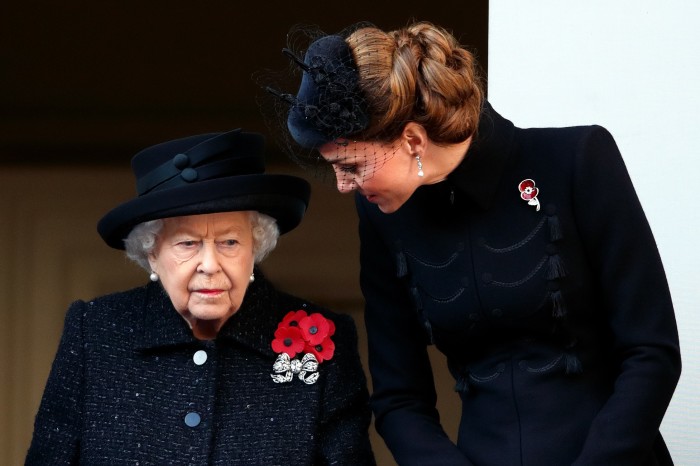 Queen Elizabeth II and Catherine, Duchess of Cambridge, at the Remembrance Sunday service at the Cenotaph, 10 November, 2019