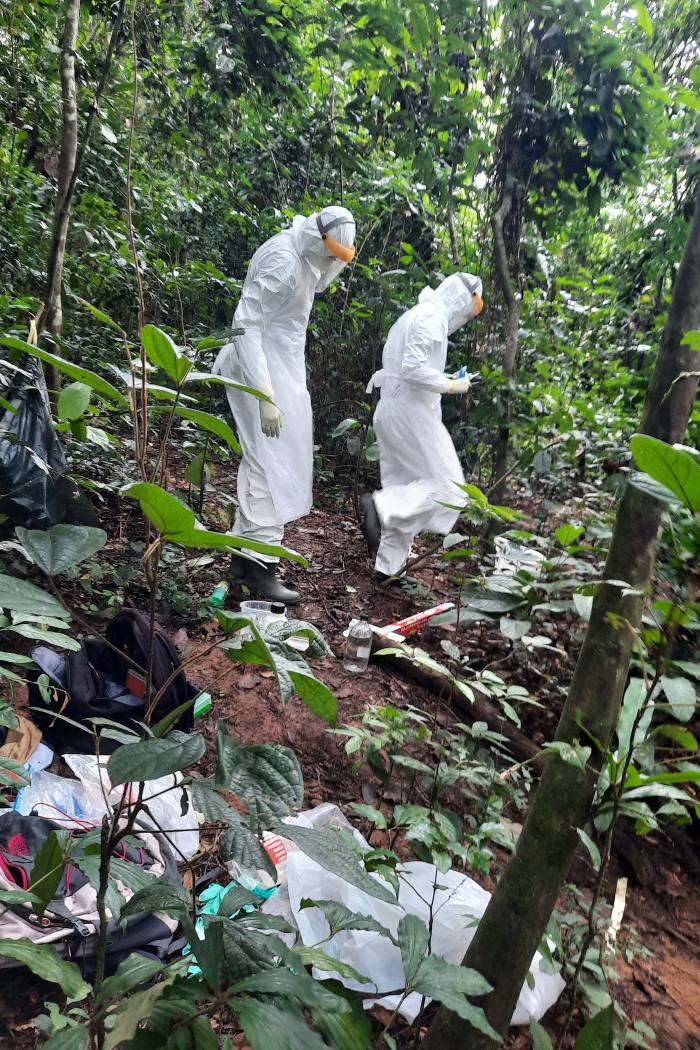 Researchers in the Dzanga-Sangha reserve in full protective clothing making their way to a necropsy site