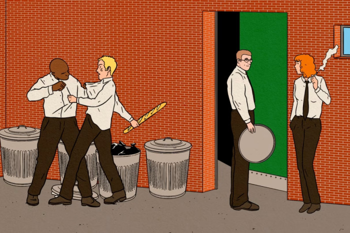 Illustration of two pairs of waiters, one in an altercation, another talking with each other