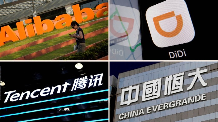 Logos of Alibaba, Didi, Tencent and Evergrande