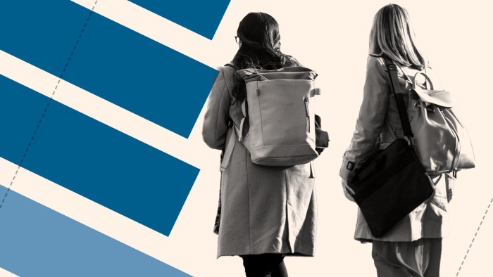 Two women with backpacks and a laptop