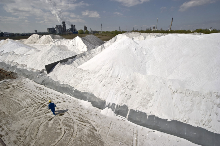 A pile of salt, which is used for making chlorine, at Solvay’s chemical plant in Antwerp. The company plans to use mobile diesel-fuelled boilers to avoid gas usage