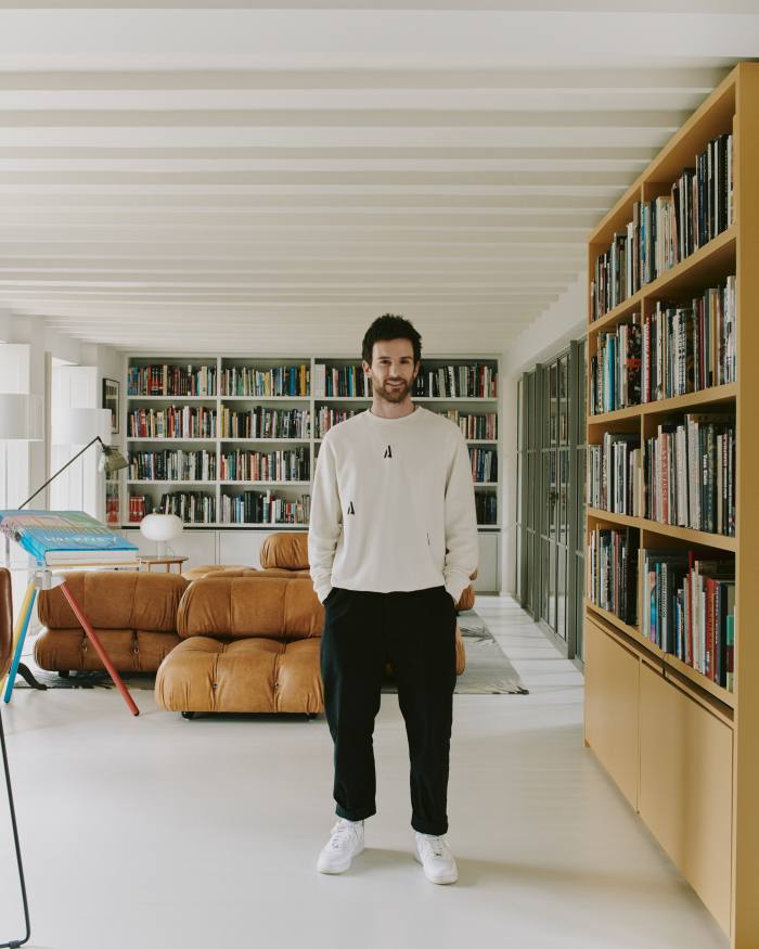 Guy Berryman at home in Gloucestershire. He wears Applied Art Forms crewneck sweater, €160, and cargo trousers, €390