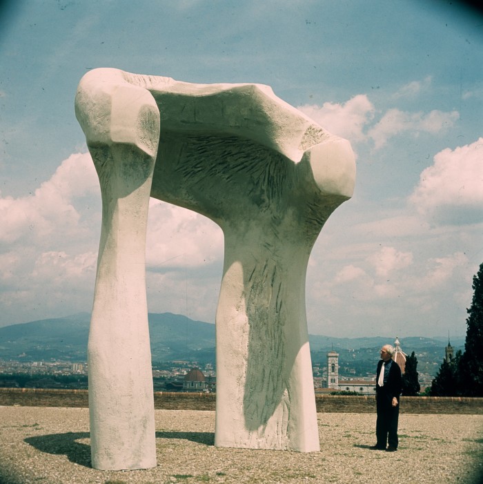 Henry Moore with The Arch at an exhibition of his work in Florence, 1972