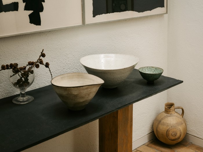 Bowl, c1960, Conical bowl, 1971, and Bowl with turquoise volcanic glaze, 1970s