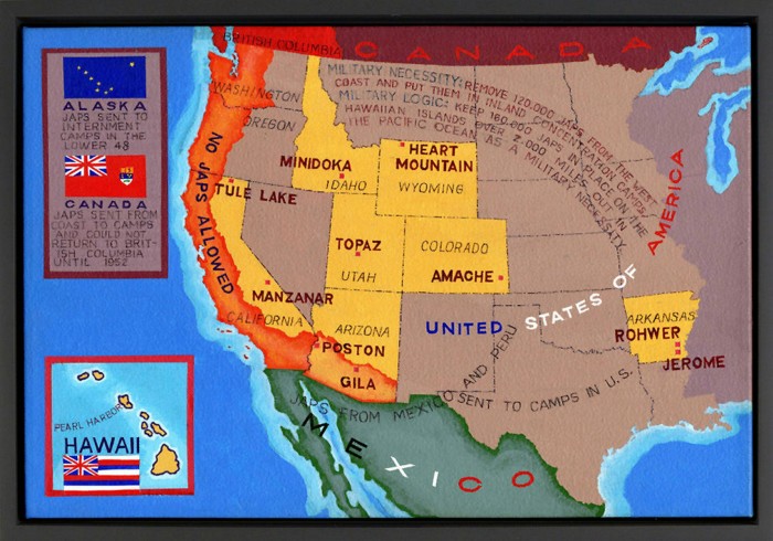 Painting of a map of western America highlighting the internment camps