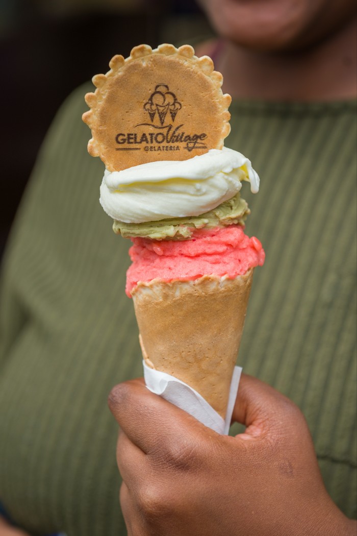 A cone of Gelato Village ice cream