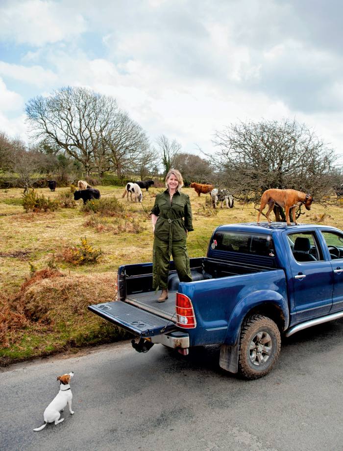 Golfar on Bodmin Moor, with her dogs (from left) Maybe and Stevie. She wears JW Anderson