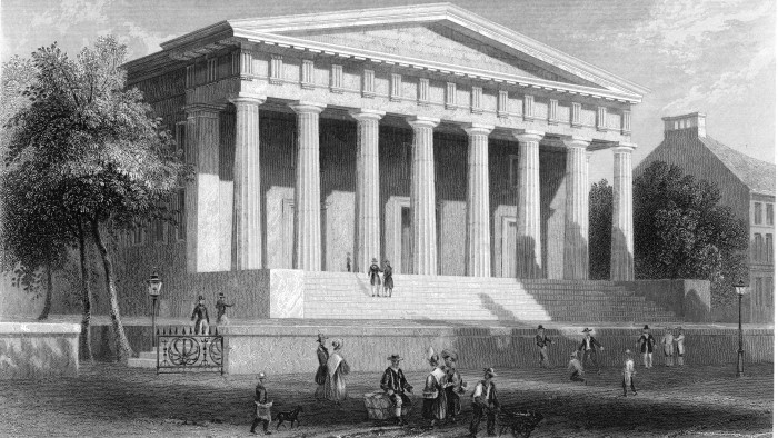 Engraving by William Henry Bartlett shows pedestrians on the street outside the imposing facade of the Second Bank of the United States on Chestnut Street in Philadelphia, 1820s.