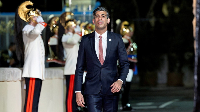 Rishi Sunak arrives at Swabian Castle for a dinner at the G7 summit in Brindisi, Italy, on Thursday