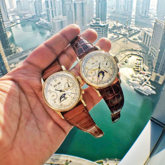 Bhatt in Dubai with two Patek Philippe Ref. 1518 Series 2 in gold (left, Mk I, right, Mk II), from Rare & Fine