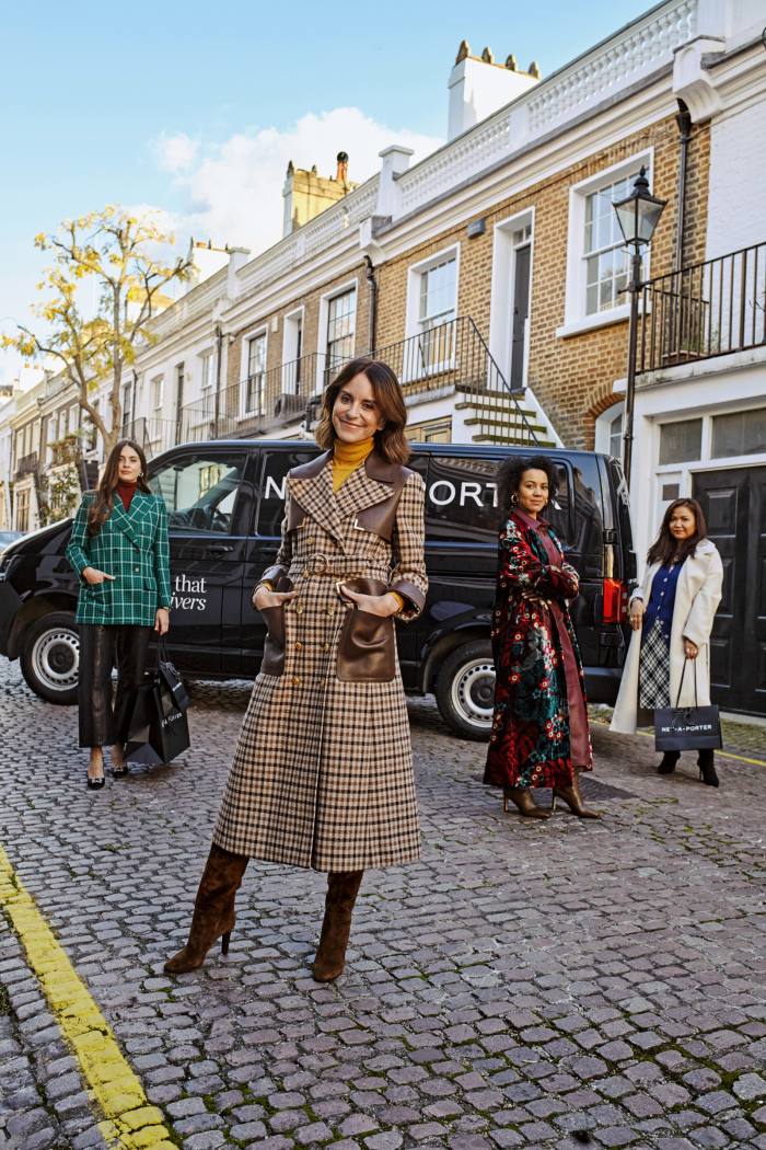 Alison Loehnis (second from left), president of Net-a-Porter and Mr Porter, and (left to right) Net-a-Porter senior personal shoppers Irina, Alli and Kunduz. Irina wears Saint Laurent wool blazer, £2,195. The Row cashmere-silk sweater, £1,180. Anine Bing leather pants, £790. Manolo Blahnik satin pumps, £795. Alison wears Gucci leather and wool-blend trench coat, £4,900. Gabriela Hearst cashmere-silk sweater, £495. Saint Laurent suede boots, £1,230. Alli wears Dries van Noten velvet coat, £1,565. Proenza Schouler leather shirtdress, £1,985. Michael Kors Collection cashmere sweater, £450. Jimmy Choo leather boots, £1,175. Jennifer Fisher gold-plated hoop earrings, £270. Kunduz wears Co cotton-twill coat, £1,295. Gucci intarsia wool cardigan, £850. Miu Miu wool-blend midi skirt, £915. Prada stretch-knit boots, £890. All available at net-a-porter.com