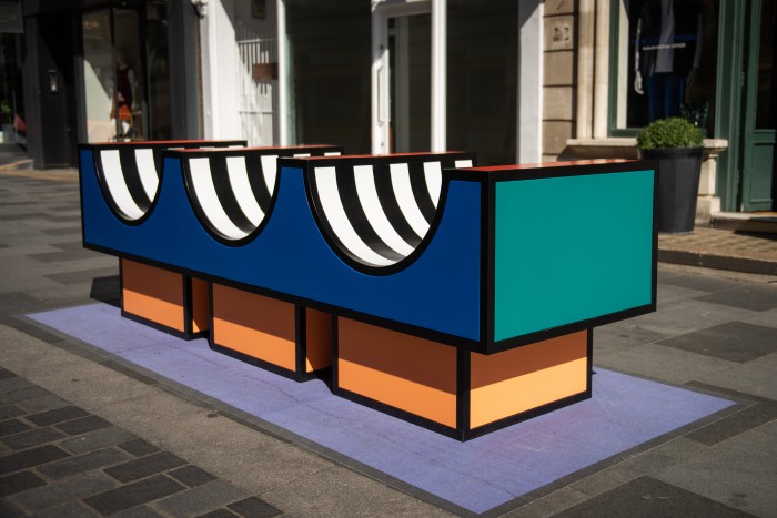 A Camille Walala bench on London’s South Molton Street
