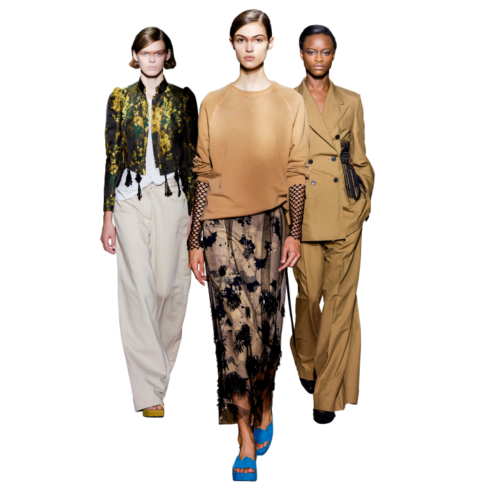 From left: Dries Van Noten cotton/viscose jacket, £1,855, cotton T-shirt, £117, cotton jeans, £345, and silk sandals, £1,004; cotton jumper, £208, polyester fishnet top, £140, embellished viscose dress, £1,680, and suede sandals, £740; embellished cotton/linen jacket, £2,035, and matching trousers, £630