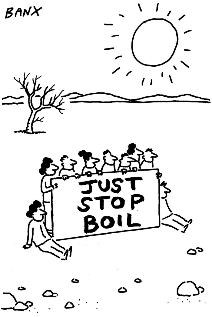 Cartoon of protestors on very dry land holding a sign under the sun
