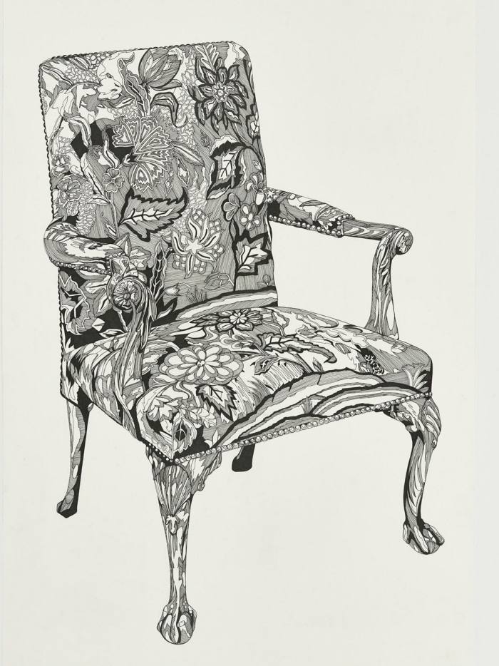 The chair has a floral pattern