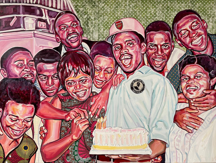 In a painting, a group of young women and men rendered in a cartoony, pink-shaded style celebrates gathering around a birthday cake with lit candles