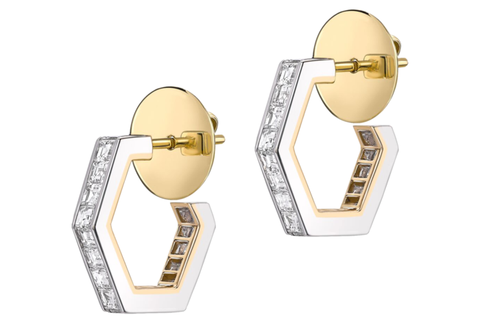 Jessica McCormack white- and yellow-gold and diamond Hex medium-sized hoop earrings, £10,000