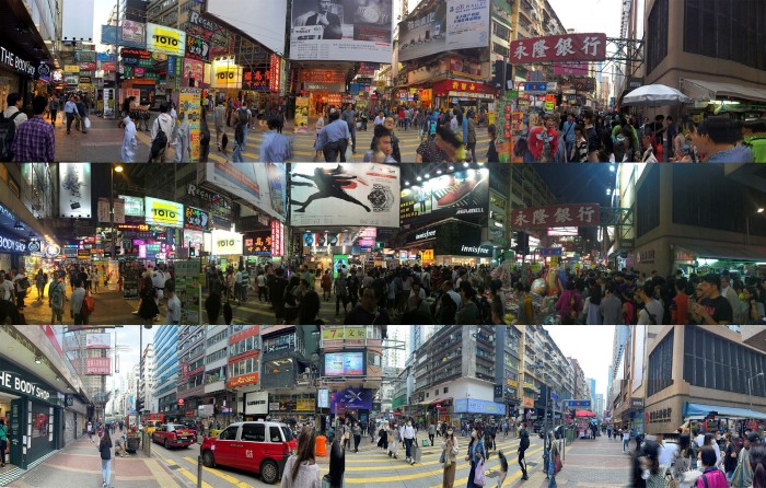 Three panoramic images of the intersection of two busy shopping streets in Hong Kong