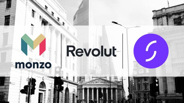 Montage of Monzo, Revolut and Starling logos