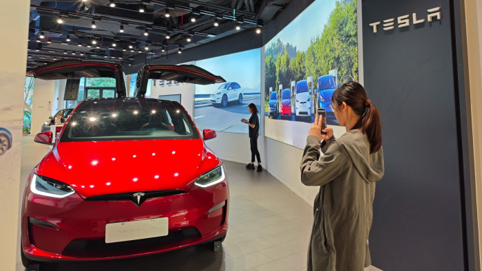 A Tesla vehicle at a store in Shanghai 