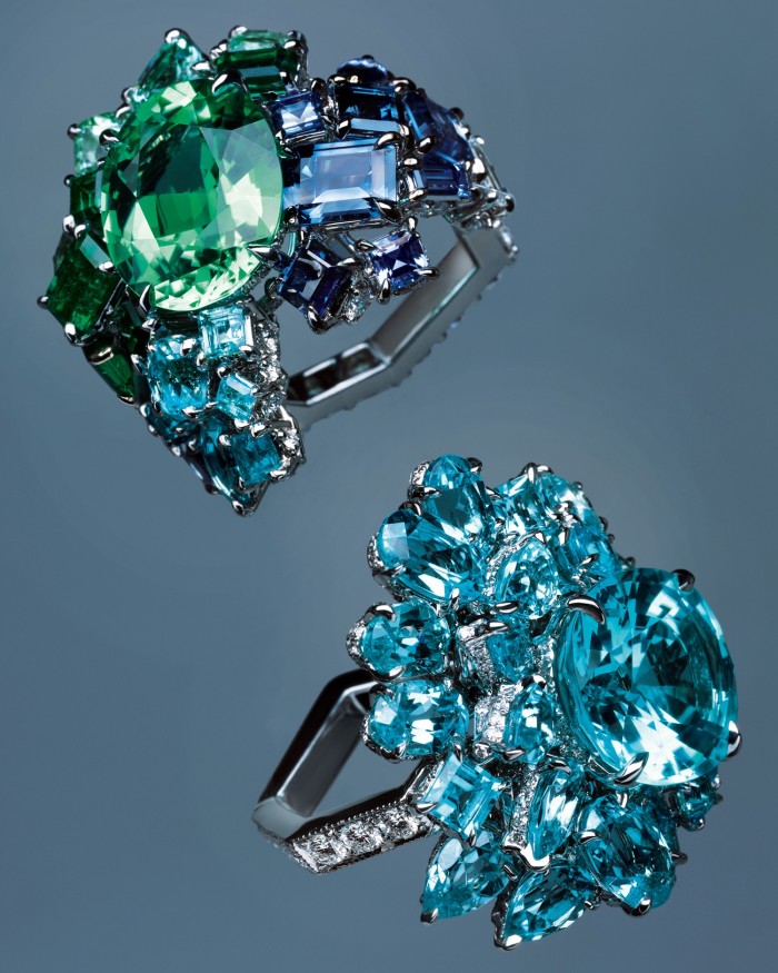 From top: Gem Dior by Dior Joaillerie Vert Tilleul Paraíba tourmaline ring and Bleu Cyan Paraíba tourmaline ring, both POA
