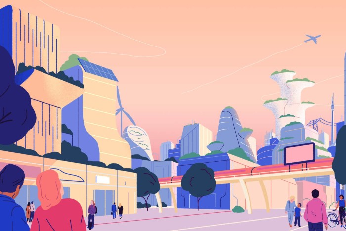 An illustration showing a futuristic take on a city 