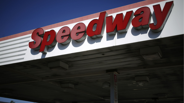Signage is displayed at a Marathon Petroleum Corp. Speedway gas station