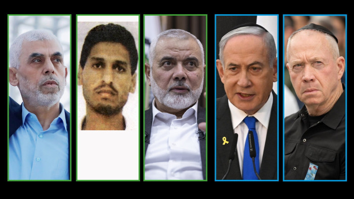 Yahya Sinwar, Mohammed Deif and Ismail Haniyeh of Hamas and Israel’s Benjamin Netanyahu and Yoav Gallant