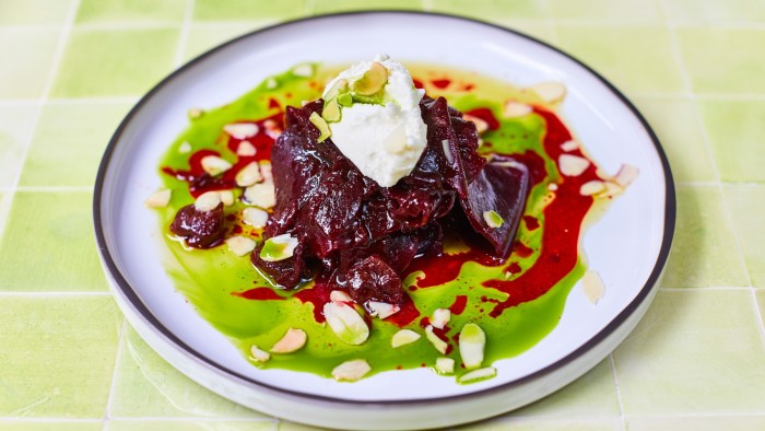 Beetroot braised in olive oil and served with sour cherries and xigalo, a soft Cretan cheese, at Yeni
