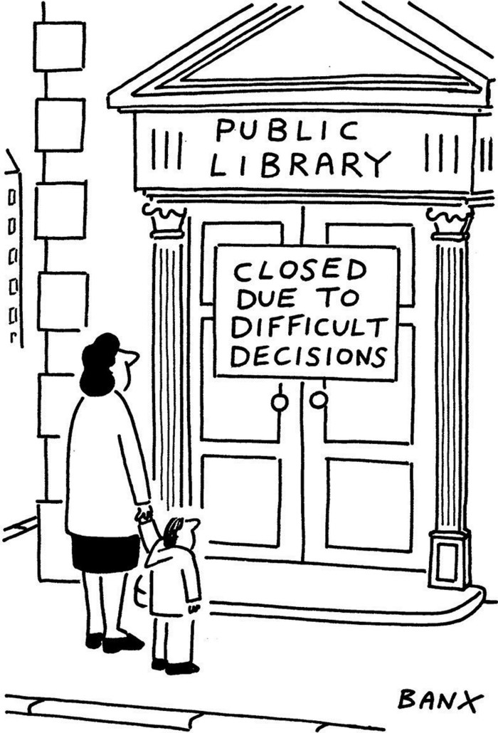 Cartoon of a woman and a child in front of a public library with a sign that says ‘Closed due to difficult decisions’