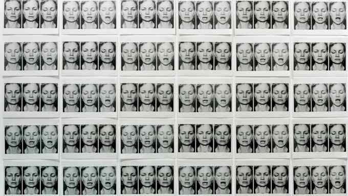 Multiple rows of black and white photos of a woman blinking and sighing