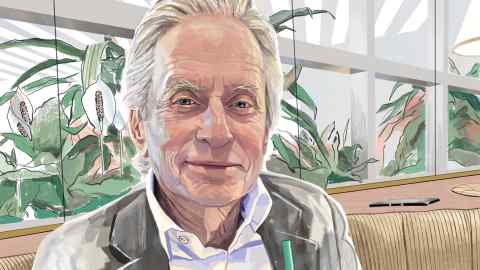 Illustration of Michael Douglas seated with plants behind him