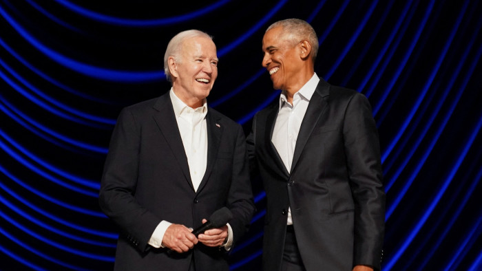 Joe Biden and former president Barack Obama at a star-studded campaign fundraiser in Los Angeles on Saturday