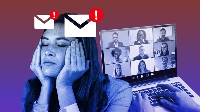 A montage of a stressed worker worrying about her inbox next to a laptop featuring co-workers on a Zoom call