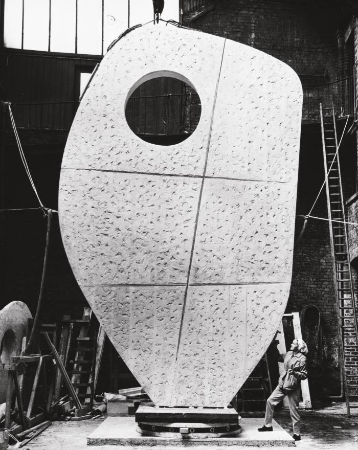 Hepworth with the plaster for her monumental piece Single Form, 1963