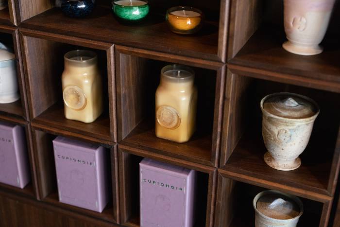 Curionoir Opia handblown glass Classic Candle, about £130, and Clay Relic candle, about £130