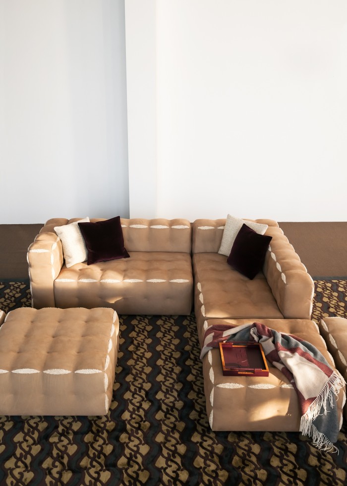 The Fendi Fun modular sofa by Atelier Oï. The padding peeps out from the upholstery in a playful “peekaboo” look