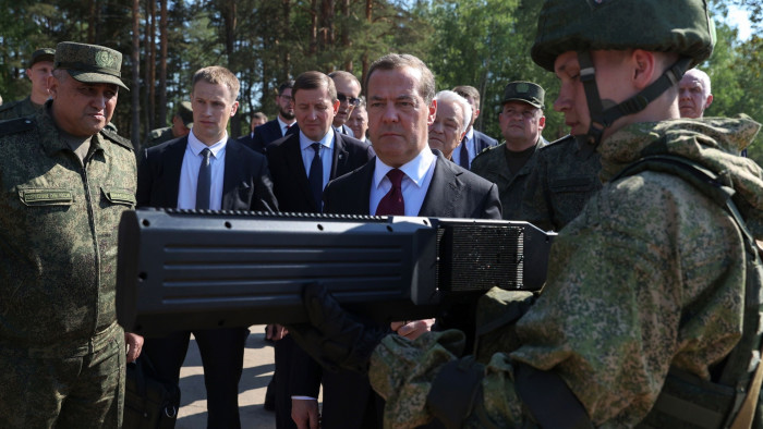 Russian security council deputy chair Dmitry Medvedev visits a military training ground on Monday