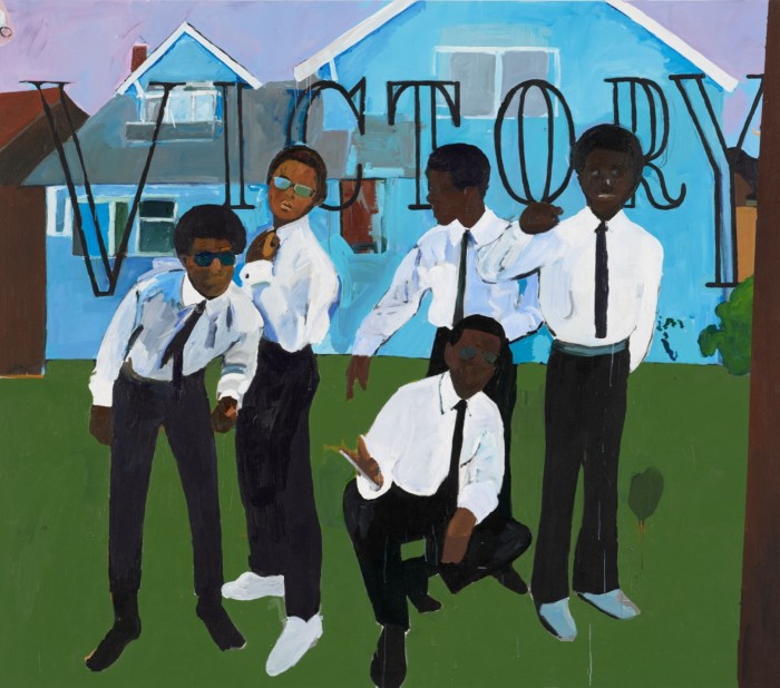 Oil painting of five men in white shirts and black ties standing on a lawn in front of a blue house with the word Victory appearing behind them