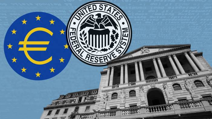 Montage of European Central Bank logo, Federal Reserve logo and Bank of England